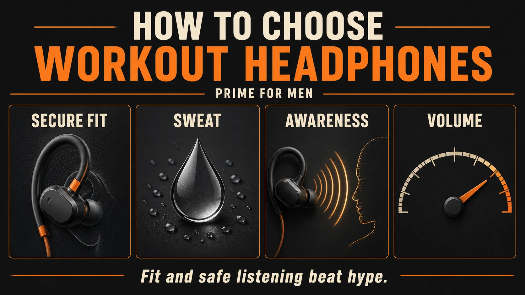 Best Workout Headphones for Men | Secure, Sweat-Ready Gym Picks 3 Workout headphone infographic showing secure fit, sweat resistance, awareness and volume