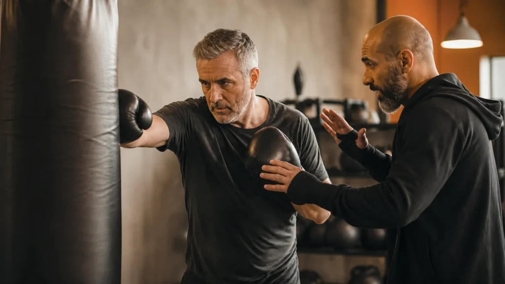 Male beginner over 50 practicing controlled heavy bag technique with a boxing coach