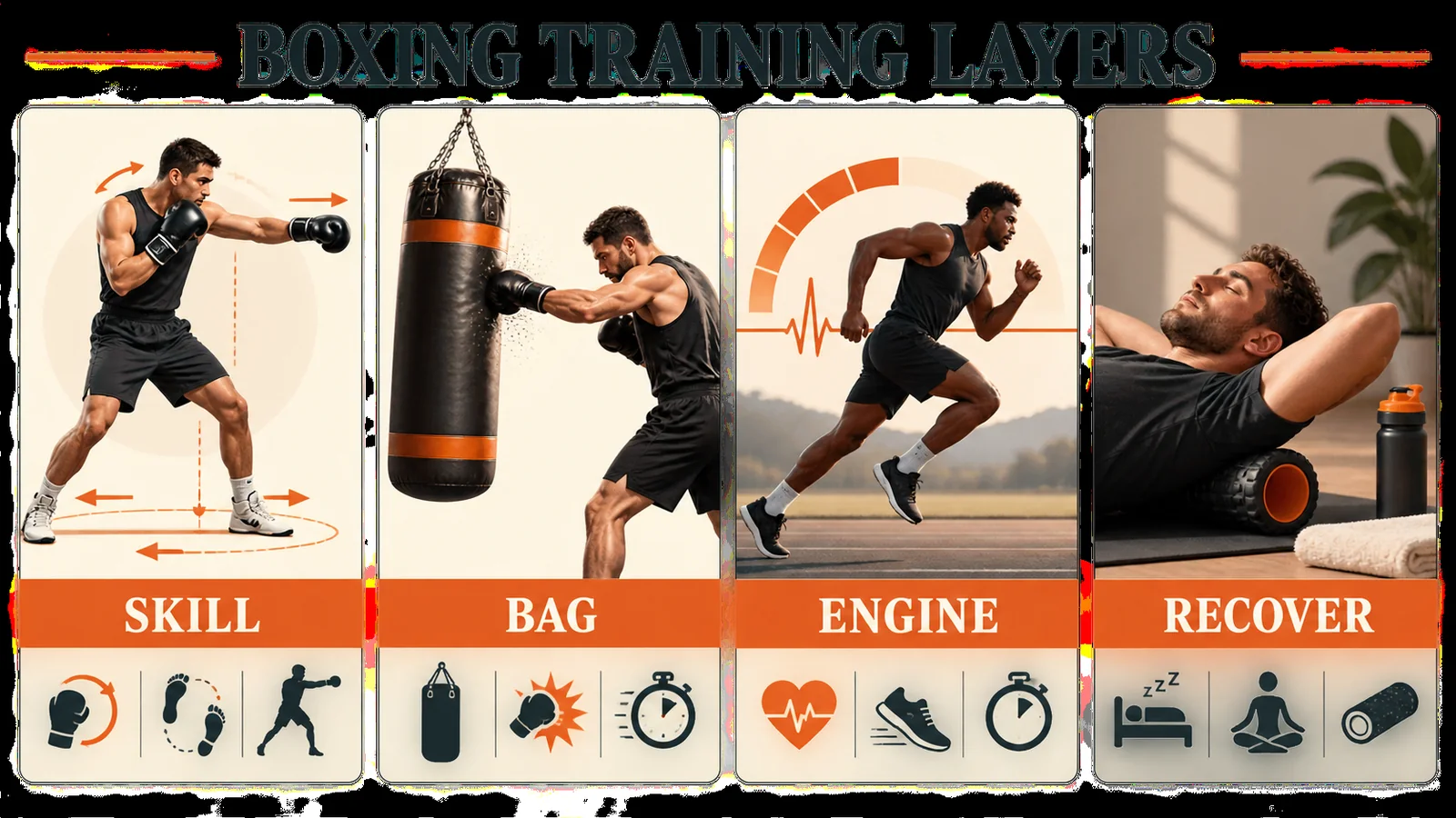Boxing training layers from skill to bag engine and recovery