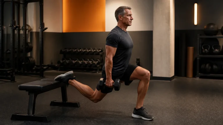 Man over 50 performing a loaded Bulgarian split squat with controlled form