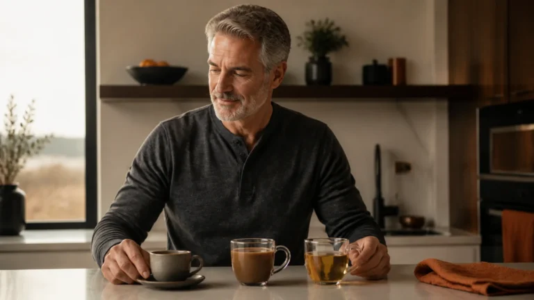 Caffeine Alternatives | Lower-Stimulation Ways to Improve Energy 5 Man over 50 comparing decaf chicory and herbal tea caffeine alternatives