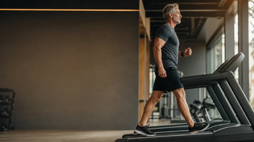 Man over 50 completing a joint-friendly incline cardio walk on a treadmill