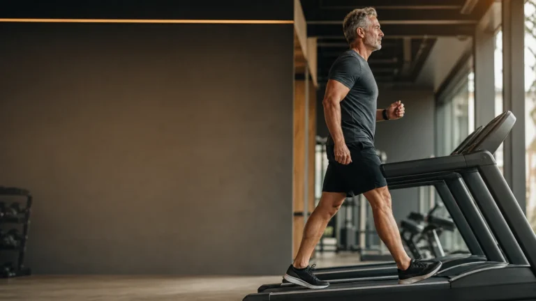 Man over 50 completing a joint-friendly incline cardio walk on a treadmill