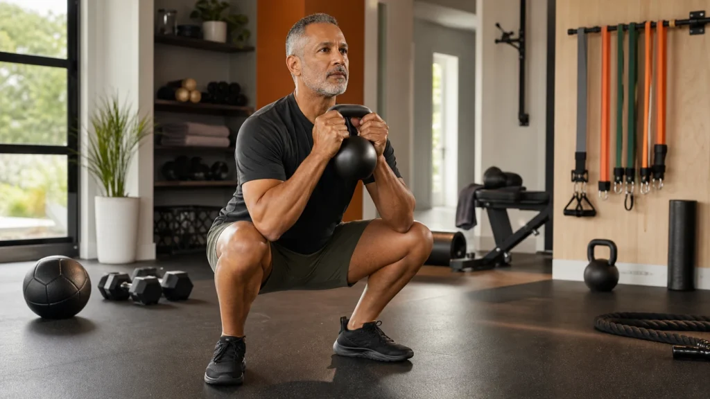 Man over 50 performing a controlled kettlebell squat in a home circuit