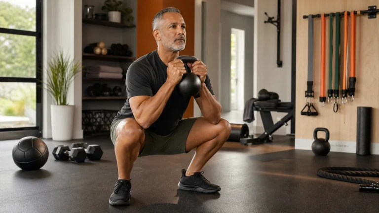Circuit Training for Men Over 50: Benefits, Workouts, and Safe Progression 3 Man over 50 performing a controlled kettlebell squat in a home circuit