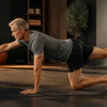 Man over 50 performing a controlled bird-dog core exercise at home