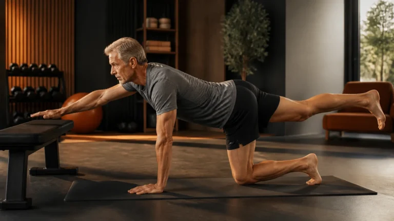 Man over 50 performing a controlled bird-dog core exercise at home