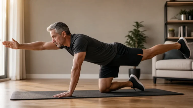 Man over 50 performing a controlled bird-dog core exercise at home