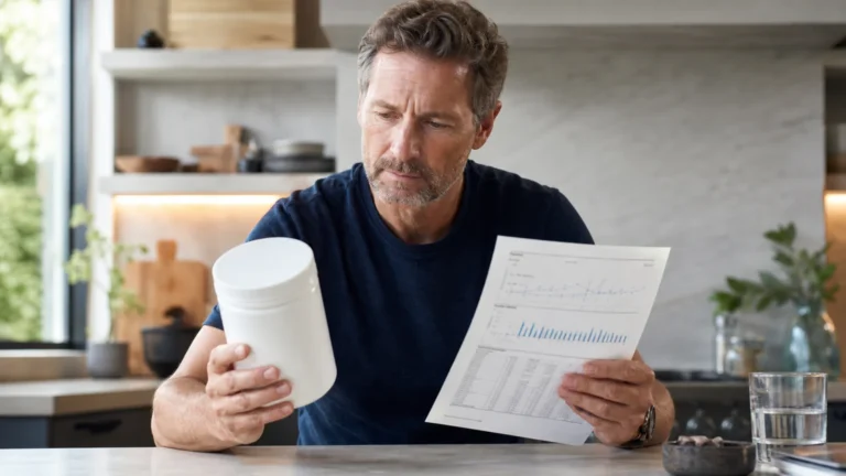 Does Collagen Affect Testosterone? | Evidence, Limits, and Better Priorities 9 Man over 50 evaluating a collagen supplement beside health information