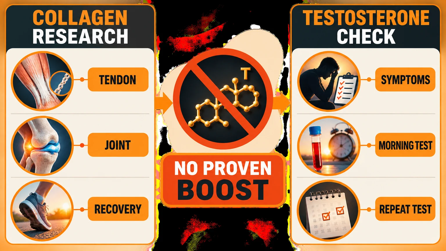 Evidence decision path separating collagen outcomes from testosterone testing