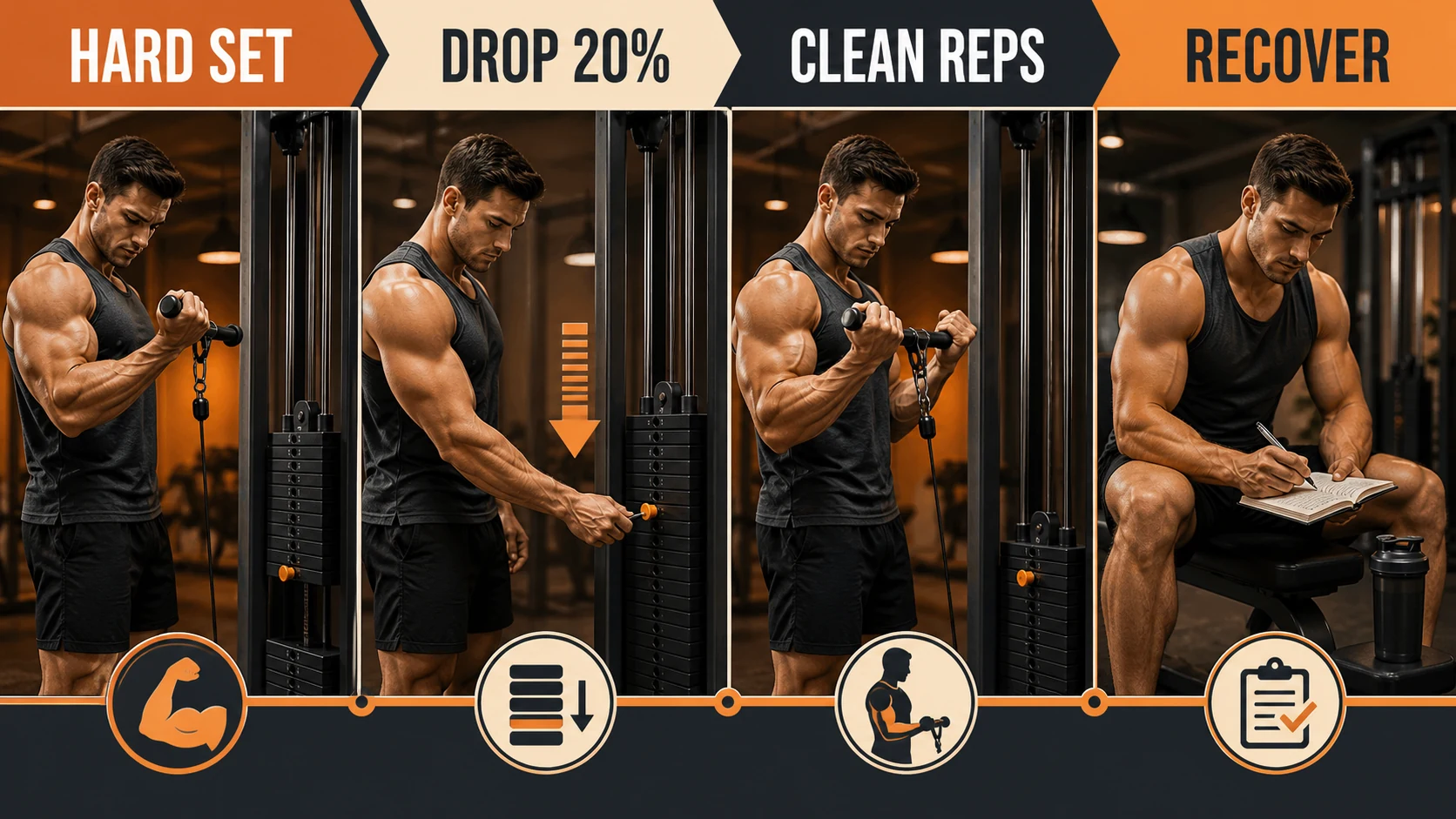 Drop Sets Explained: Muscle Growth, Strength, and Safe Use After 40 7 Drop set decision flow from exercise stability to load reduction clean repetitions and recovery review