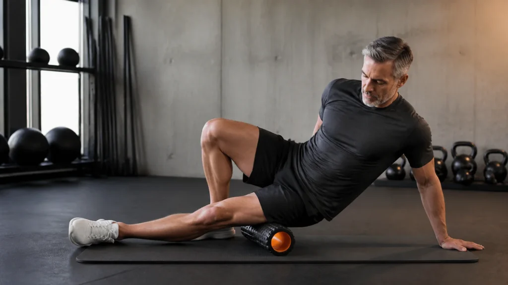 Man over 50 using a foam roller on the quadriceps with controlled pressure
