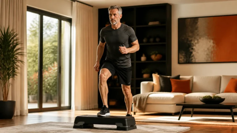 Home Cardio Exercises | Low-Impact to High-Intensity Progressions 9 Man over 50 completing controlled low-impact step-ups at home