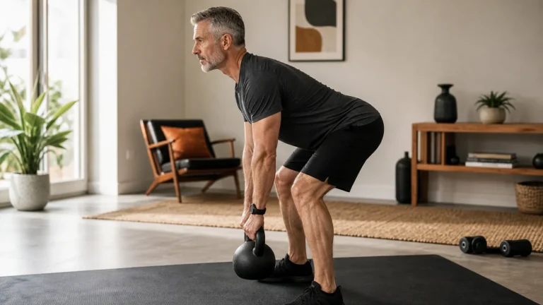 Man over 50 performing a controlled kettlebell hip hinge at home