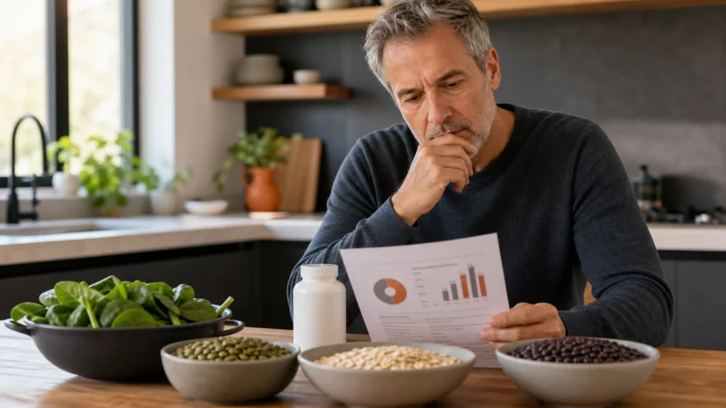 Man over 50 comparing magnesium-rich foods with supplement and health information