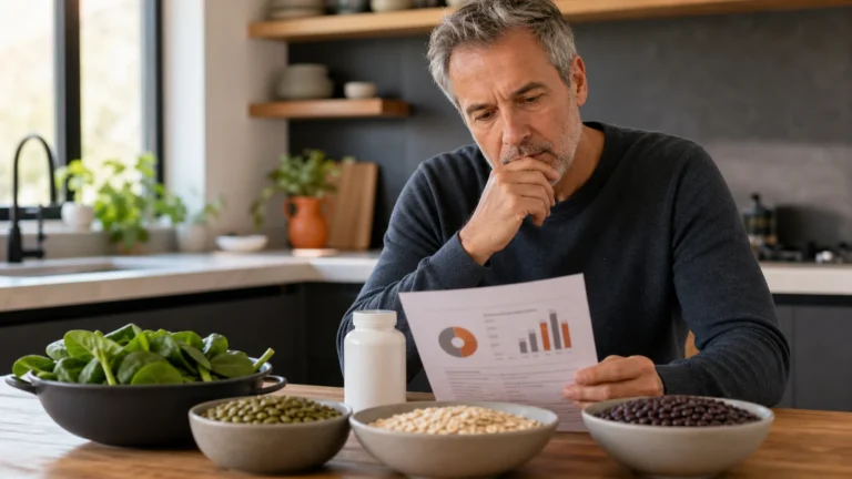 Magnesium for Testosterone: What the Evidence Actually Shows 4 Man over 50 comparing magnesium-rich foods with supplement and health information