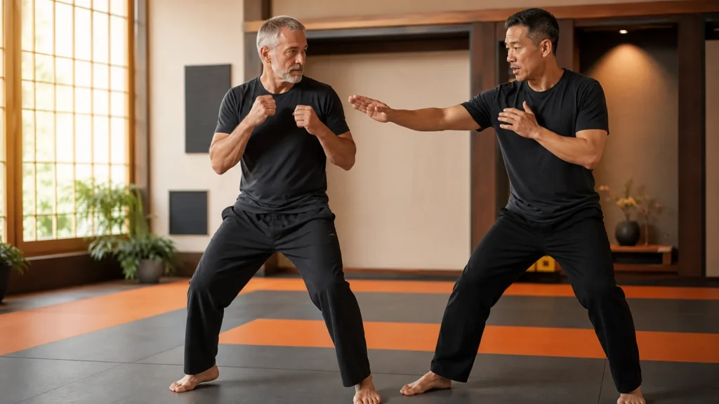 Man over 50 practicing a controlled martial arts stance with an instructor