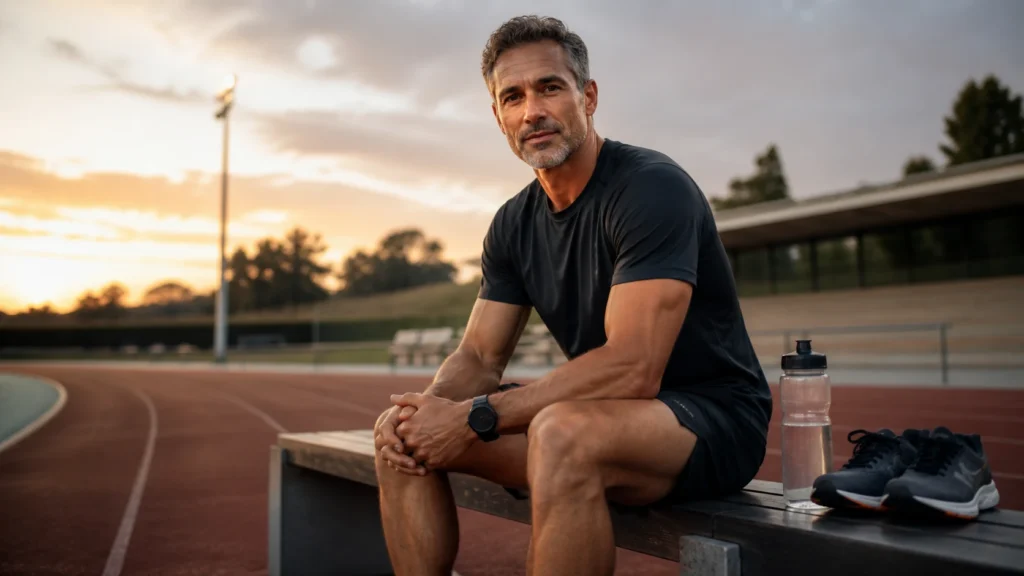 Male athlete over 50 practicing focused attention beside a running track