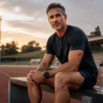 Male athlete over 50 practicing focused attention beside a running track