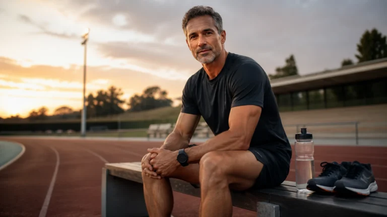 Meditation for Athletes: A Practical Evidence-Based Routine 1 Male athlete over 50 practicing focused attention beside a running track