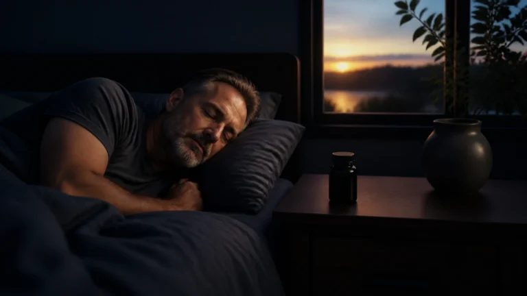 Does Melatonin Decrease Testosterone? | Human Evidence and Limits 5 Man sleeping beside a closed melatonin bottle as morning light enters the bedroom