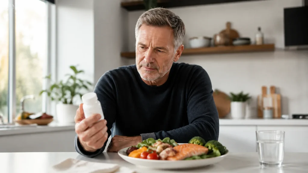Man over 50 comparing a multivitamin with a nutrient-rich meal