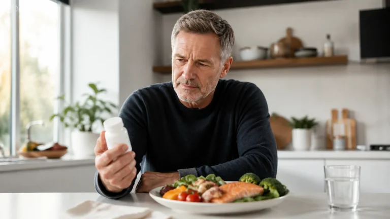 Man over 50 comparing a multivitamin with a nutrient-rich meal