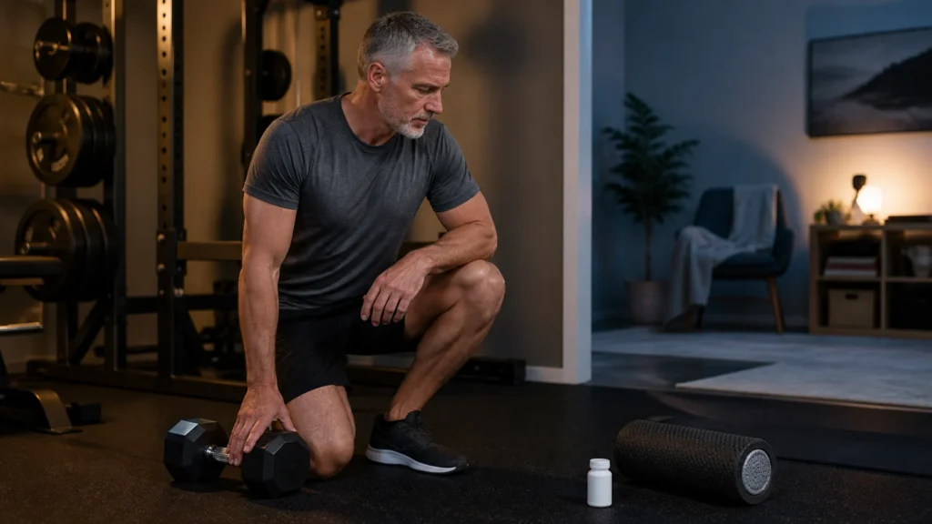 Man setting down a dumbbell beside a foam roller and prescription bottle to prioritize recovery