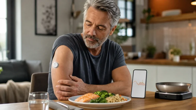 Nutritional Wearables: What They Measure, What They Miss, and Who Benefits 5 Man over 50 reviewing a continuous glucose sensor beside a balanced meal