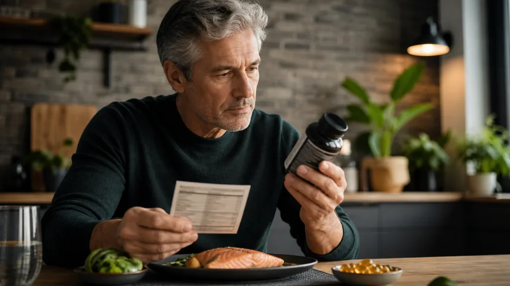 Man over 50 comparing an omega-3 label with a salmon meal
