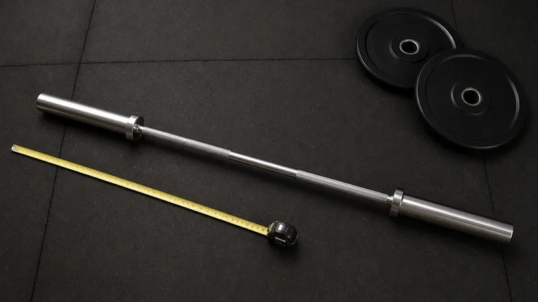 Editorial illustration of a short Olympic barbell, measuring tape and weight plates on a rubber gym floor.