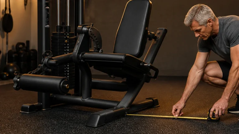 Editorial illustration of a man measuring floor space beside a home-gym leg machine.