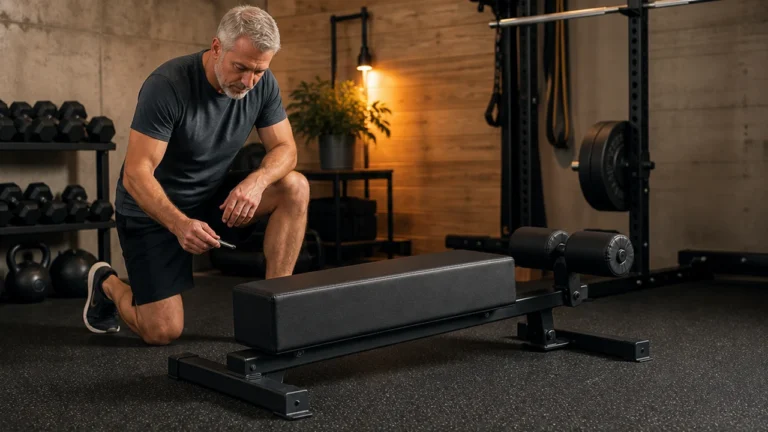 Editorial illustration of a man inspecting a low Nordic hamstring bench in a home gym.