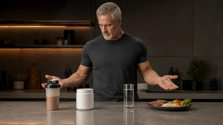 Man over 50 comparing a recovery meal protein shake creatine and water