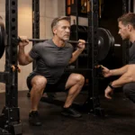 Man over 50 practicing a controlled barbell squat with a coach and safety rack