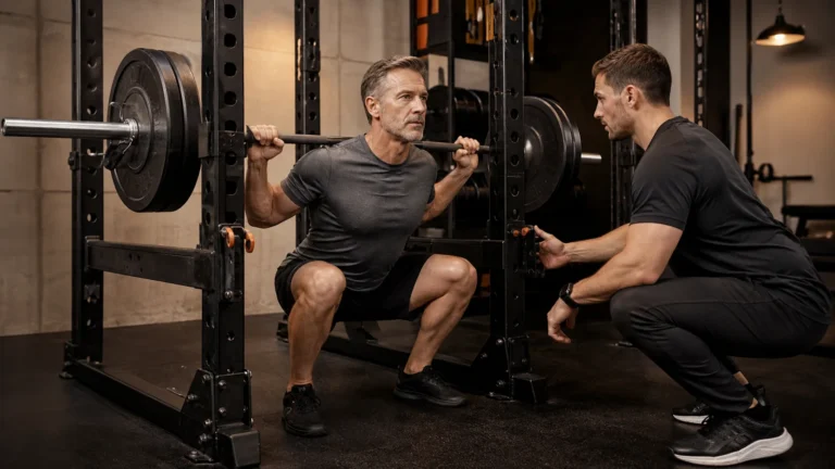 Powerlifting Basics | Learn the Squat, Bench, and Deadlift Safely 10 Man over 50 practicing a controlled barbell squat with a coach and safety rack