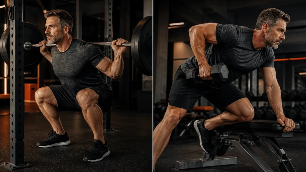 Man in his 40s comparing barbell strength and dumbbell hypertrophy training