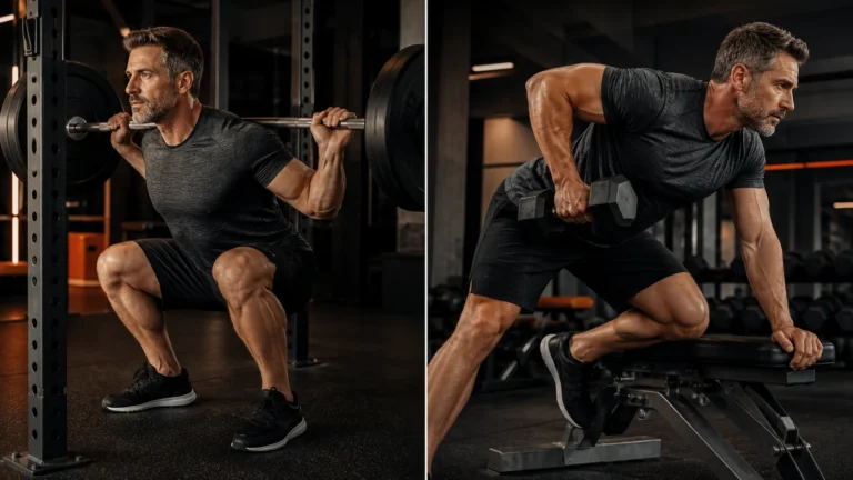 Man in his 40s comparing barbell strength and dumbbell hypertrophy training