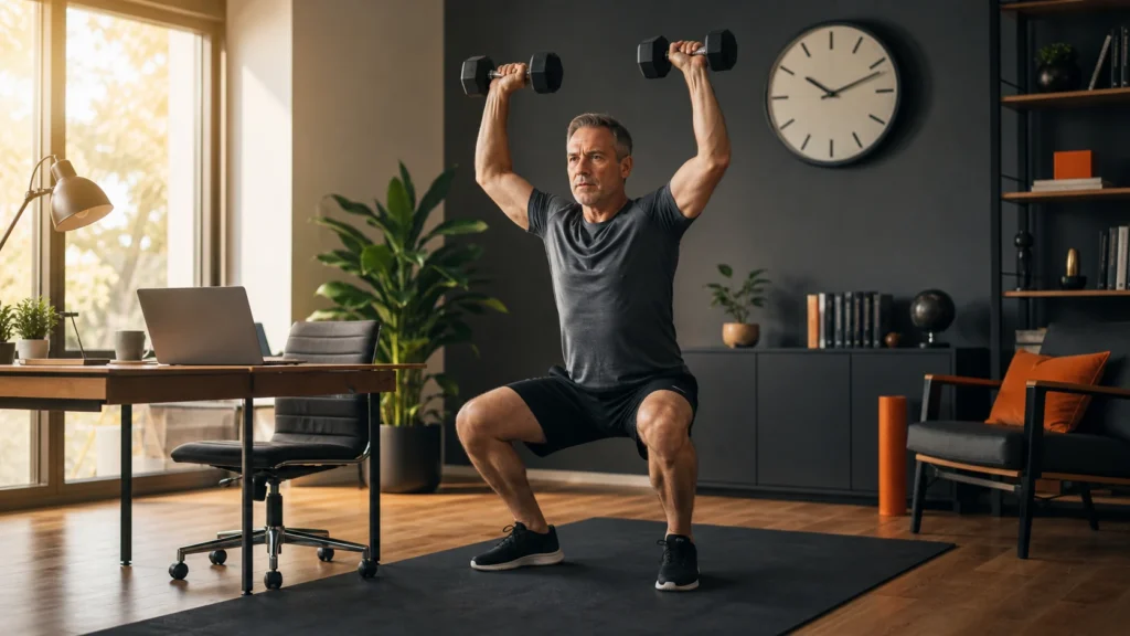Man over 50 completing a focused quick dumbbell workout beside his home office desk