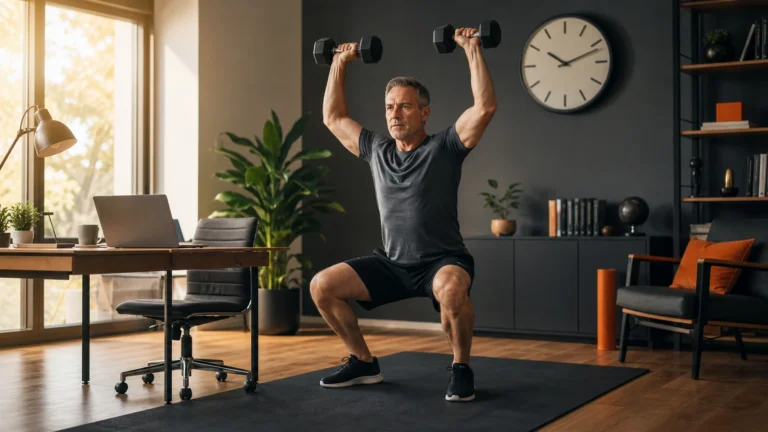 Man over 50 completing a focused quick dumbbell workout beside his home office desk