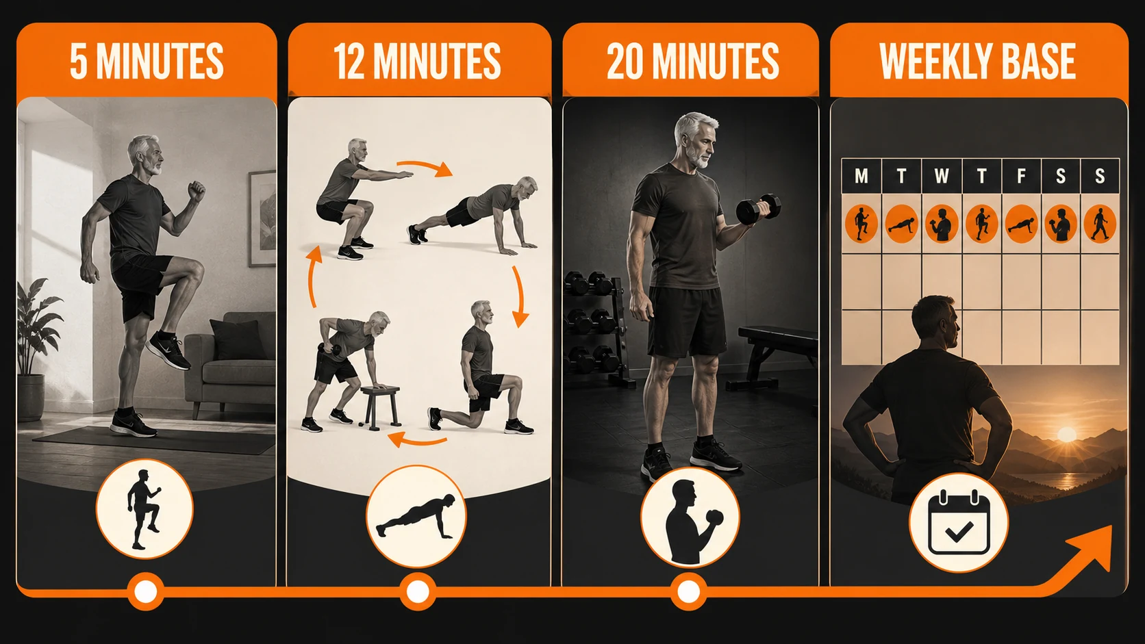 Quick Workouts for Men Over 50 | 5-, 12-, and 20-Minute Plans 3 Quick workout duration ladder for men over 50
