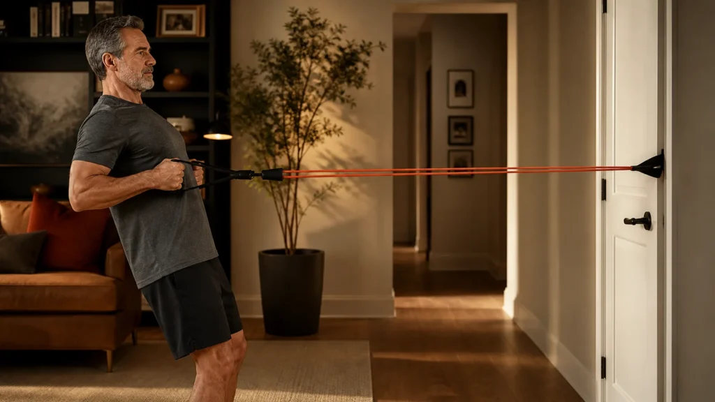 Man over 50 performing a resistance band row from a secured door anchor