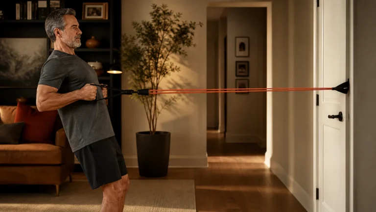 Resistance Band Training | Build a Progressive Full-Body Program 10 Man over 50 performing a resistance band row from a secured door anchor