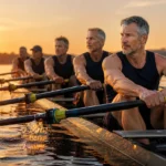 Experienced male rowers completing a technically coordinated water session