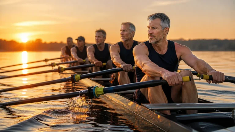 Rowing-Specific Training | Build 2K Power, Technique, and Durability 7 Experienced male rowers completing a technically coordinated water session
