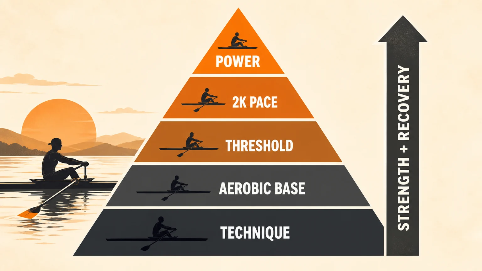 Rowing-specific training system showing technique base threshold race pace strength and recovery