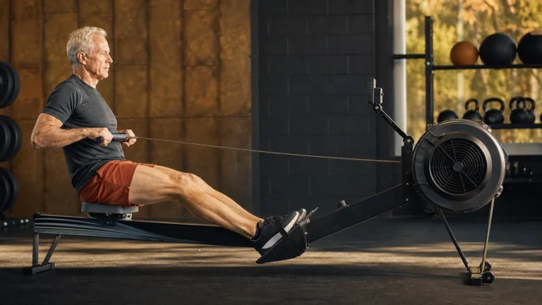 Man over 50 performing a technically controlled rowing machine drive