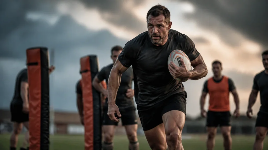 Male rugby player over 40 accelerating through a controlled contact drill