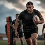 Male rugby player over 40 accelerating through a controlled contact drill