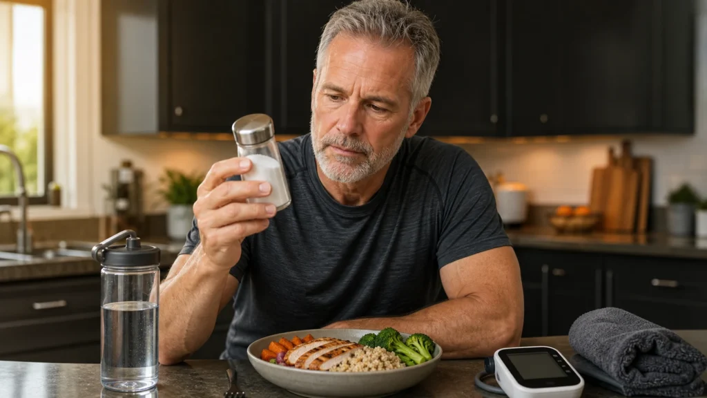 Man over 50 considering extra salt beside a healthy meal water bottle and blood pressure monitor